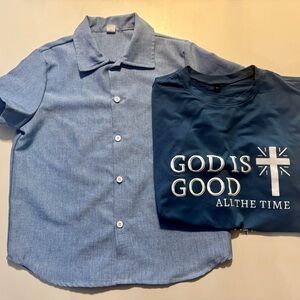 2 Pack Kids Blue Button-Up Shirt & Navy Graphic Tee Set - God Is Good